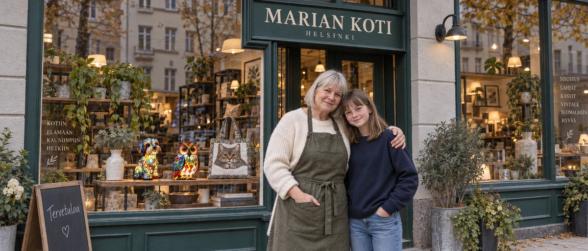Maria ja hänen tyttärensä Aino Marian Koti Helsinki -puodin edustalla. Näyteikkunassa valaisimia ja tikattu laukku.