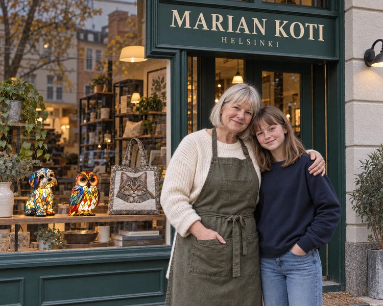 Maria ja hänen tyttärensä Aino Marian Koti Helsinki -puodin edustalla. Näyteikkunassa valaisimia ja tikattu laukku.